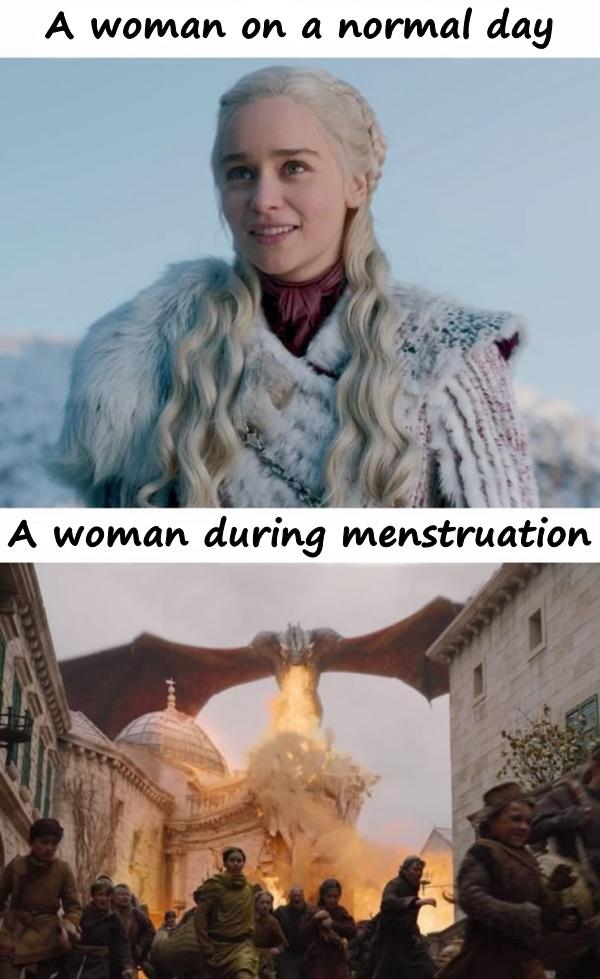 A woman on a normal day. A woman during menstruation