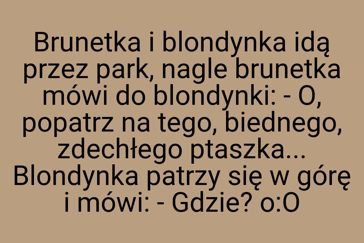 Brunetka i blondynka idą przez park, nagle brunetka mówi do