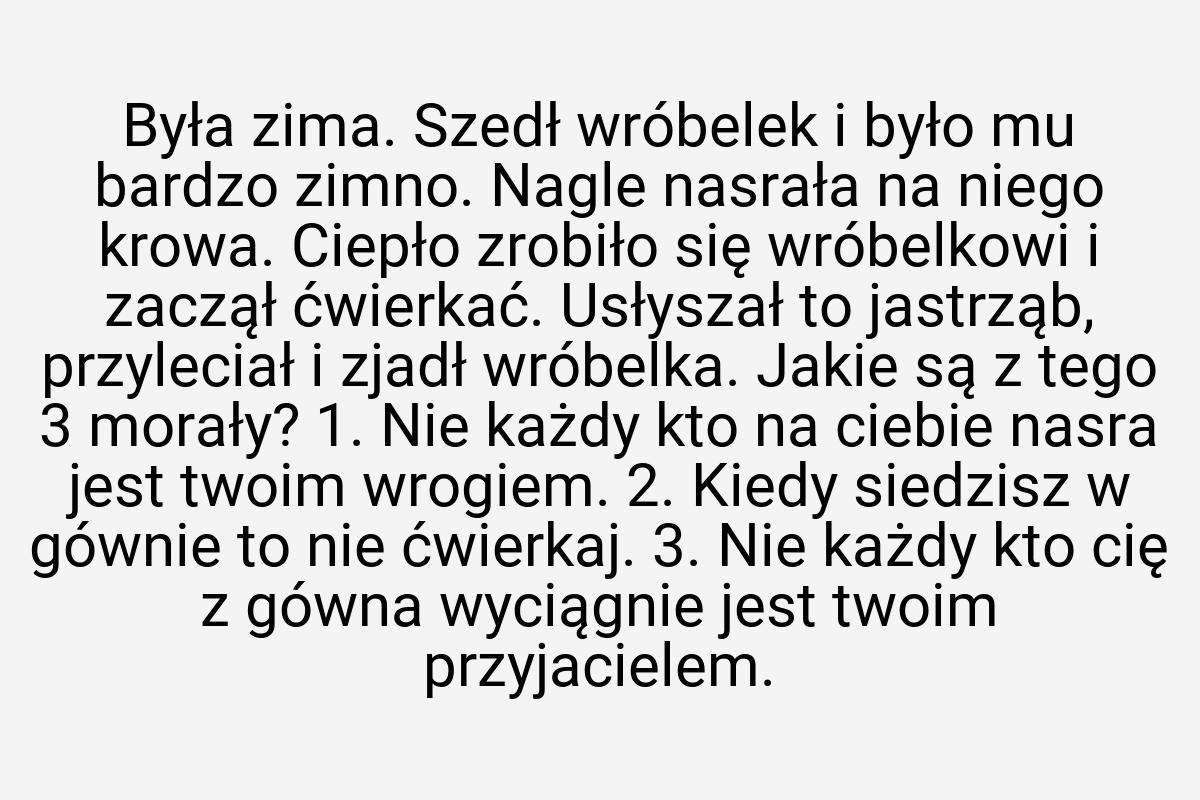 Była zima. Szedł wróbelek i było mu bardzo zimno. Nagle