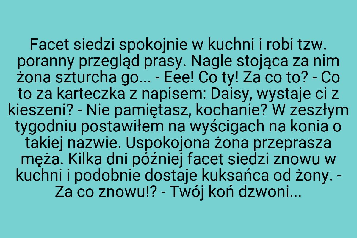 Facet siedzi spokojnie w kuchni i robi tzw. poranny