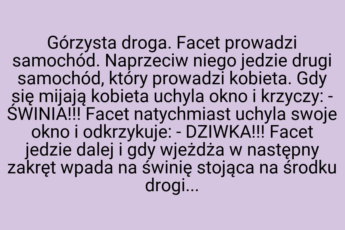 Górzysta droga. Facet prowadzi samochód. Naprzeciw niego