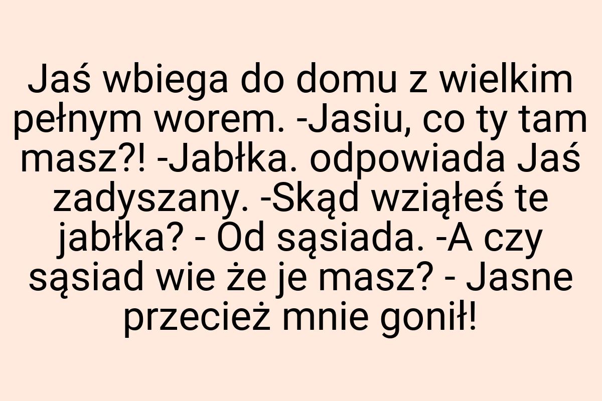 Jaś wbiega do domu z wielkim pełnym worem. -Jasiu, co ty