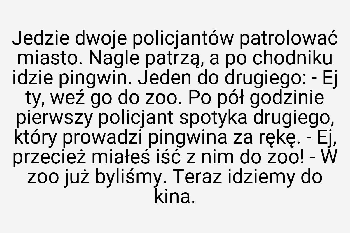 Jedzie dwoje policjantów patrolować miasto. Nagle patrzą, a