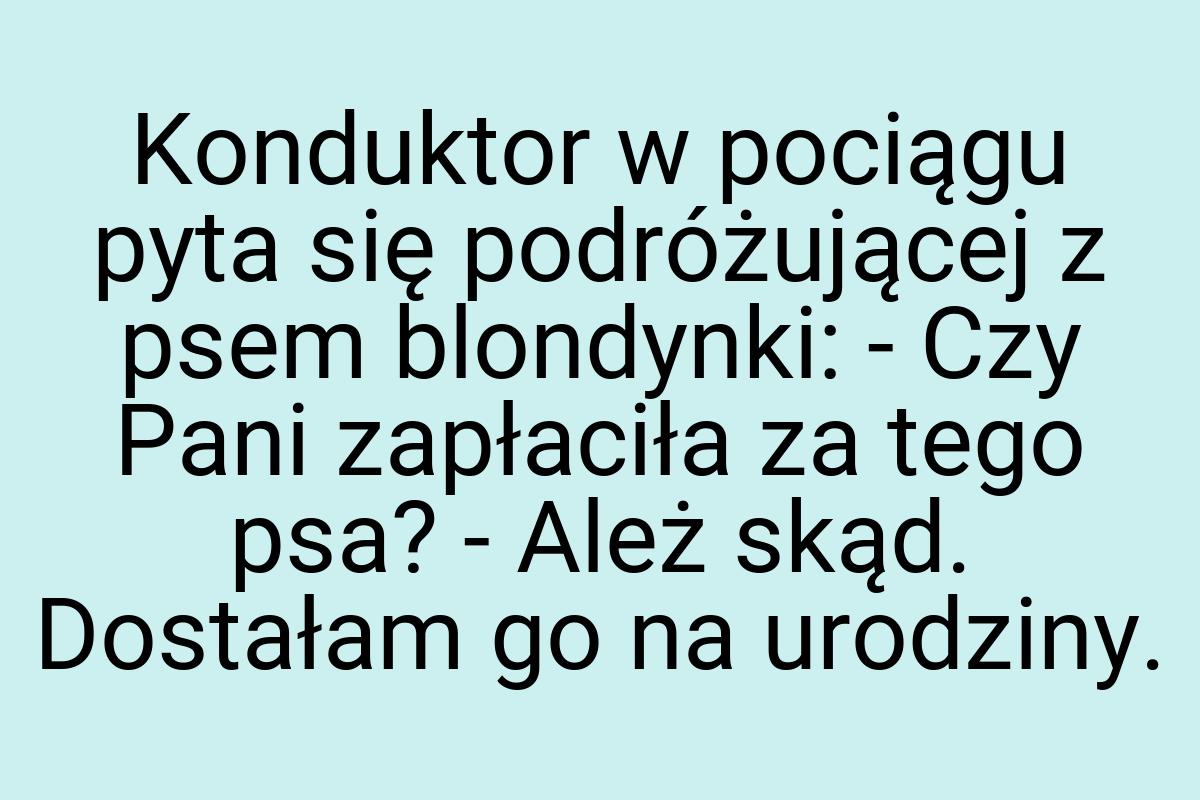 Konduktor w pociągu pyta się podróżującej z psem blondynki