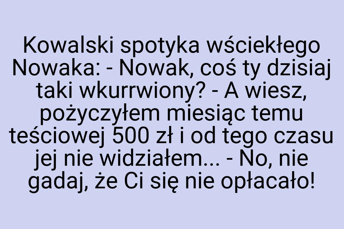 Kowalski spotyka wściekłego Nowaka: - Nowak, coś ty dzisiaj