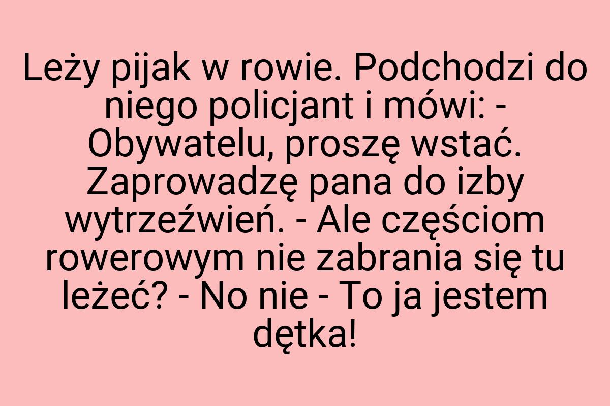 Leży pijak w rowie. Podchodzi do niego policjant i mówi