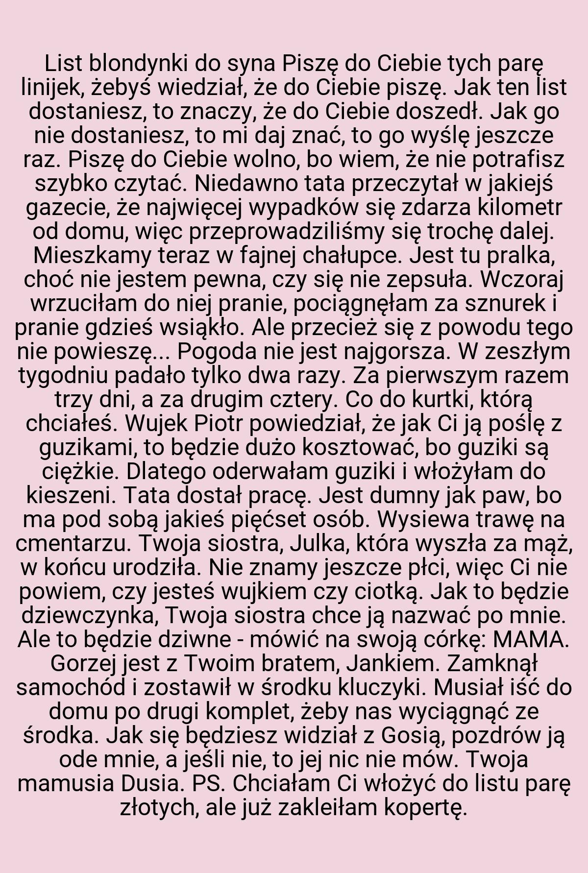 List blondynki do syna Piszę do Ciebie tych parę linijek