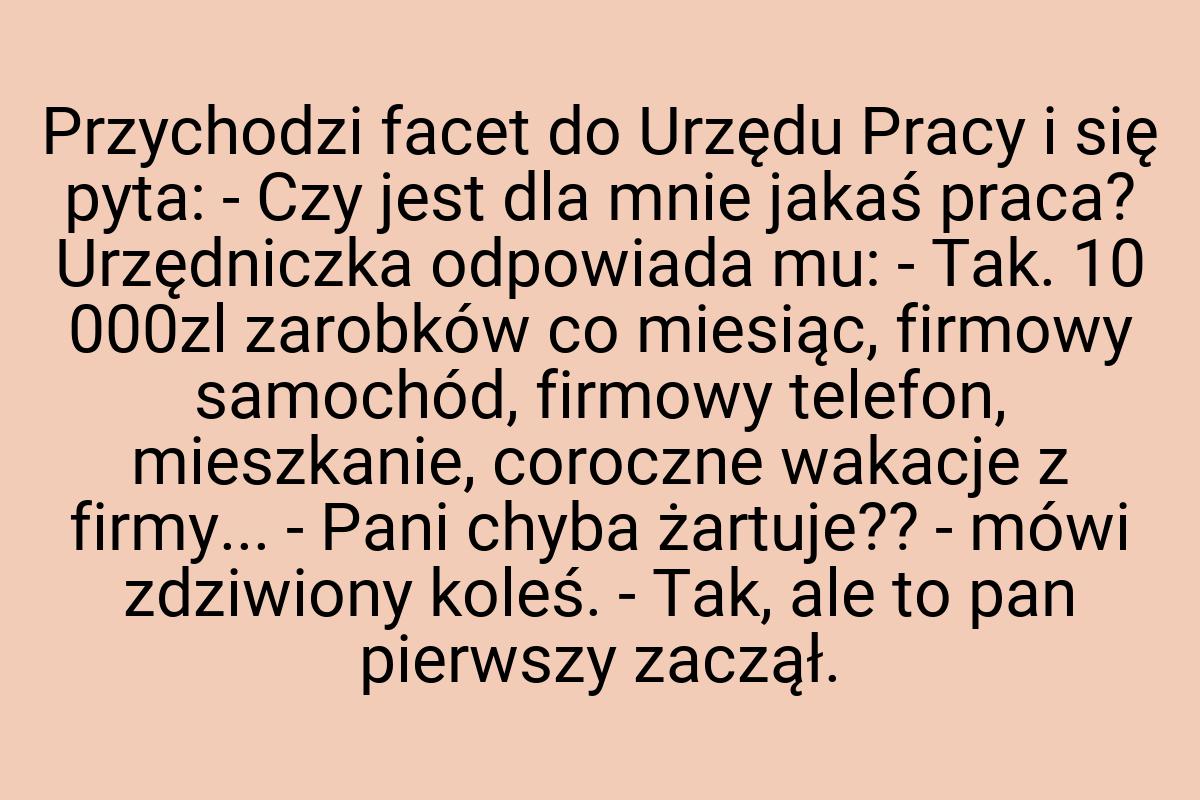 Przychodzi facet do Urzędu Pracy i się pyta: - Czy jest dla