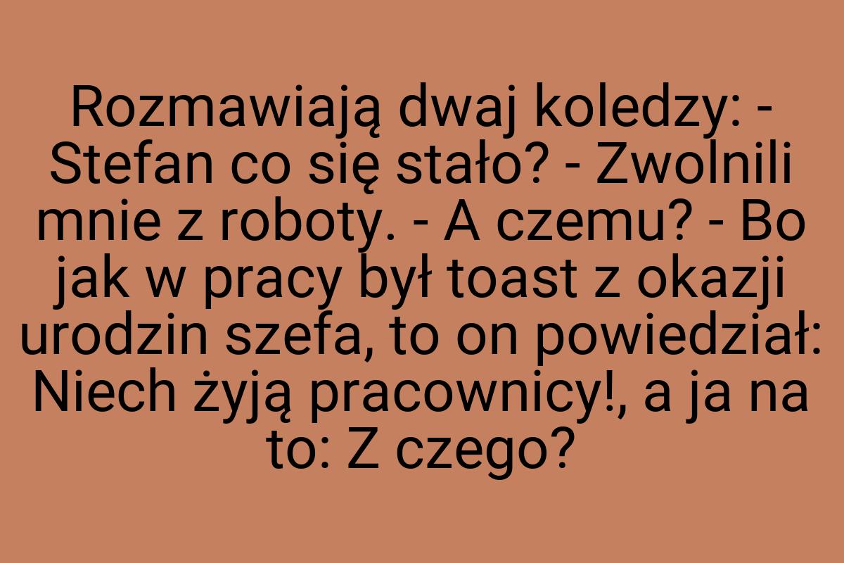 Rozmawiają dwaj koledzy: - Stefan co się stało? - Zwolnili