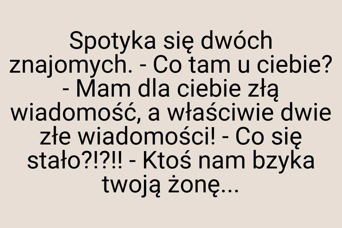 Spotyka się dwóch znajomych. - Co tam u ciebie? - Mam dla