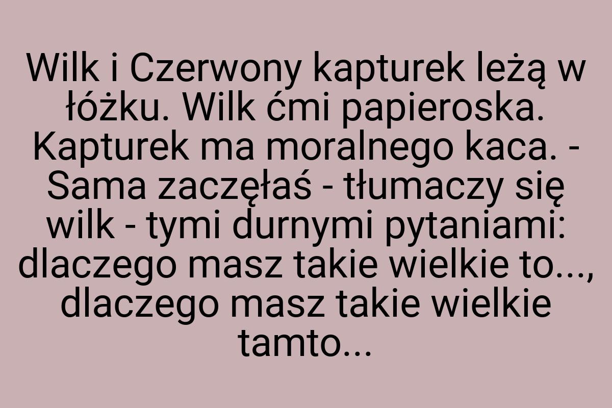 Wilk i Czerwony kapturek leżą w łóżku. Wilk ćmi papieroska