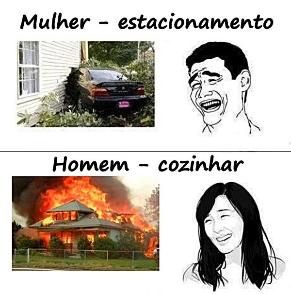 Mulher - estacionamento, Homem - cozinhar