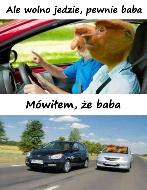 Ale wolno jedzie, pewnie baba. Mówiłem, że baba