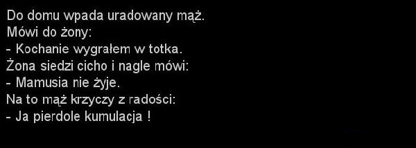 Do domu wpada uradowany mąż. Mówi do żony: - Kochanie