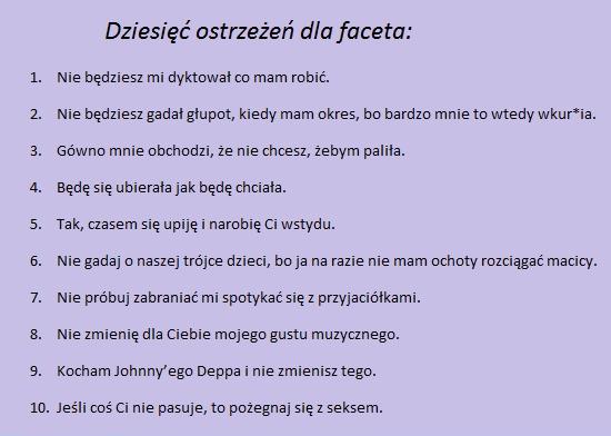 Dziesięć ostrzeżeń dla faceta: 1. Nie będziesz mi dyktował