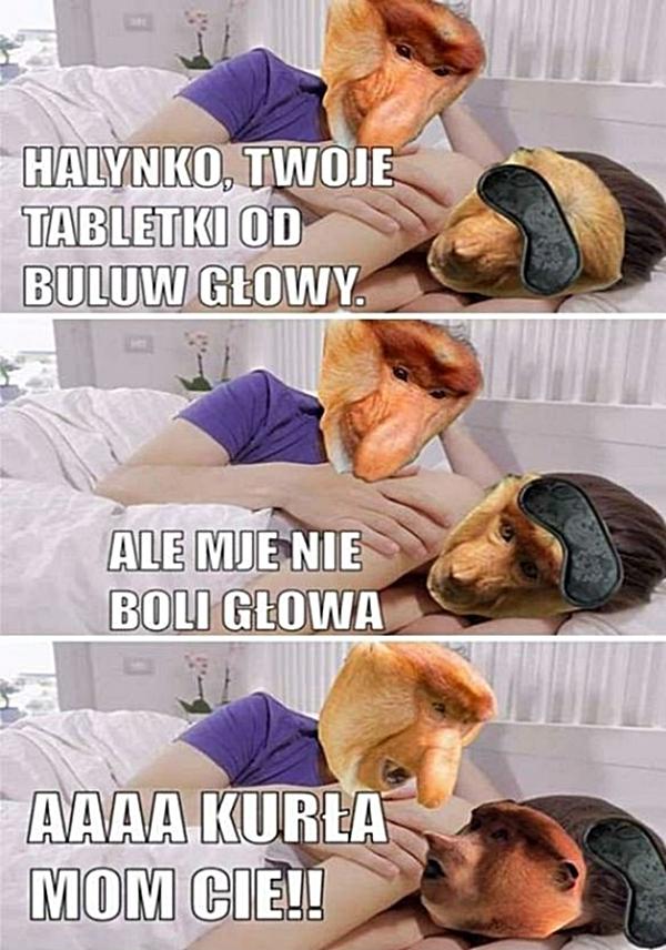 - Halynko, twoje tabletki od buluw głowy - Ale mje nie boli