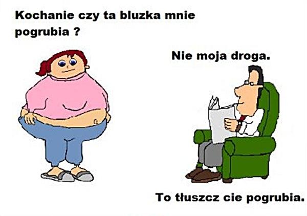 - Kochanie, czy ta bluzka mnie pogrubia? - Nie, moja Droga