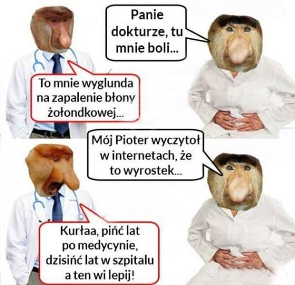 - Panie dokturze, tu mnie boli... - To mnie wyglunda na