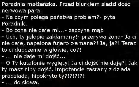 Poradnia małżeńska. Przed biurkiem siedzi dość nerwowa