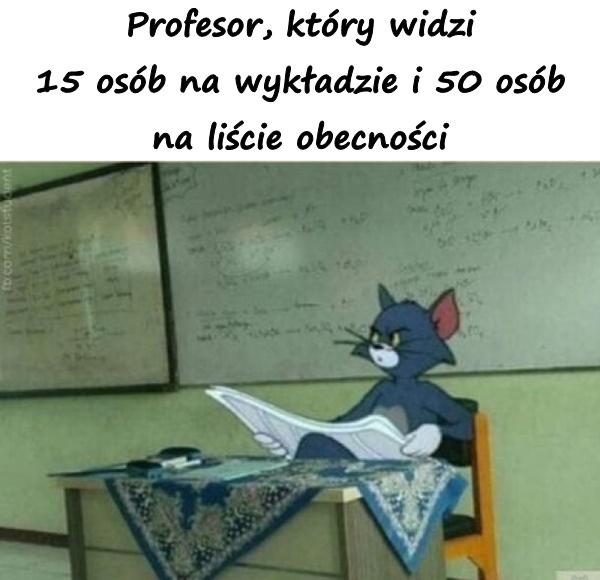 Profesor, który widzi 15 osób na wykładzie i 50 osób na