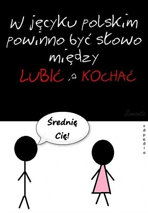 W języku polskim powinno być słowo między LUBIĆ a KOCHAM