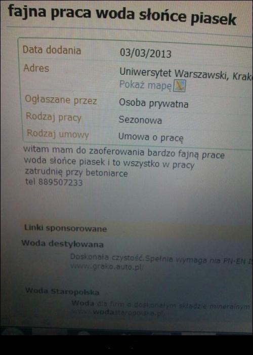 Witam mam do zaoferowania bardzo fajną pracę woda, słońce