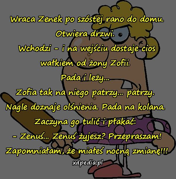 Wraca Zenek po szóstej rano do domu. Otwiera drzwi. Wchodzi