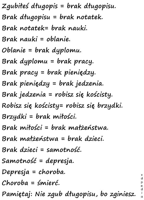 Zgubiłeś długopis = brak długopisu. Brak długopisu = brak