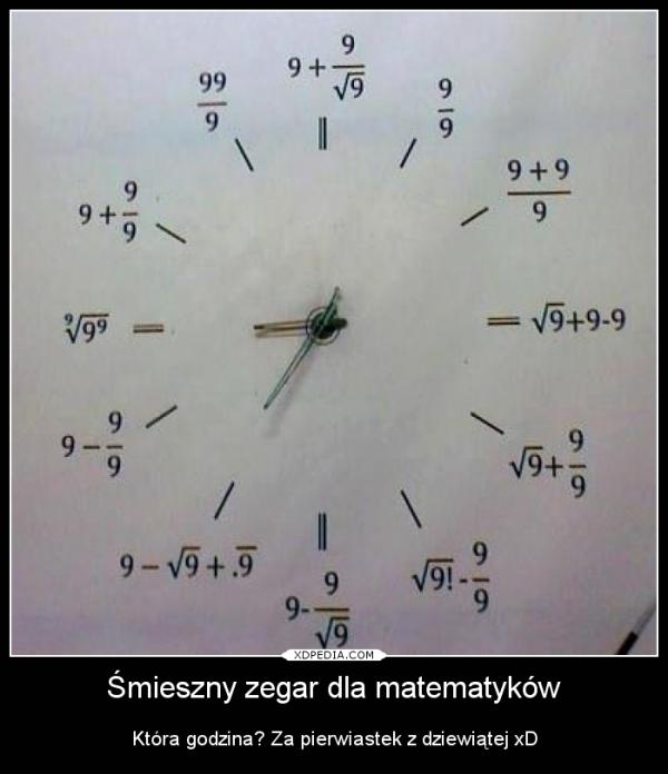 Śmieszny zegar dla matematyków. Która godzina? Za