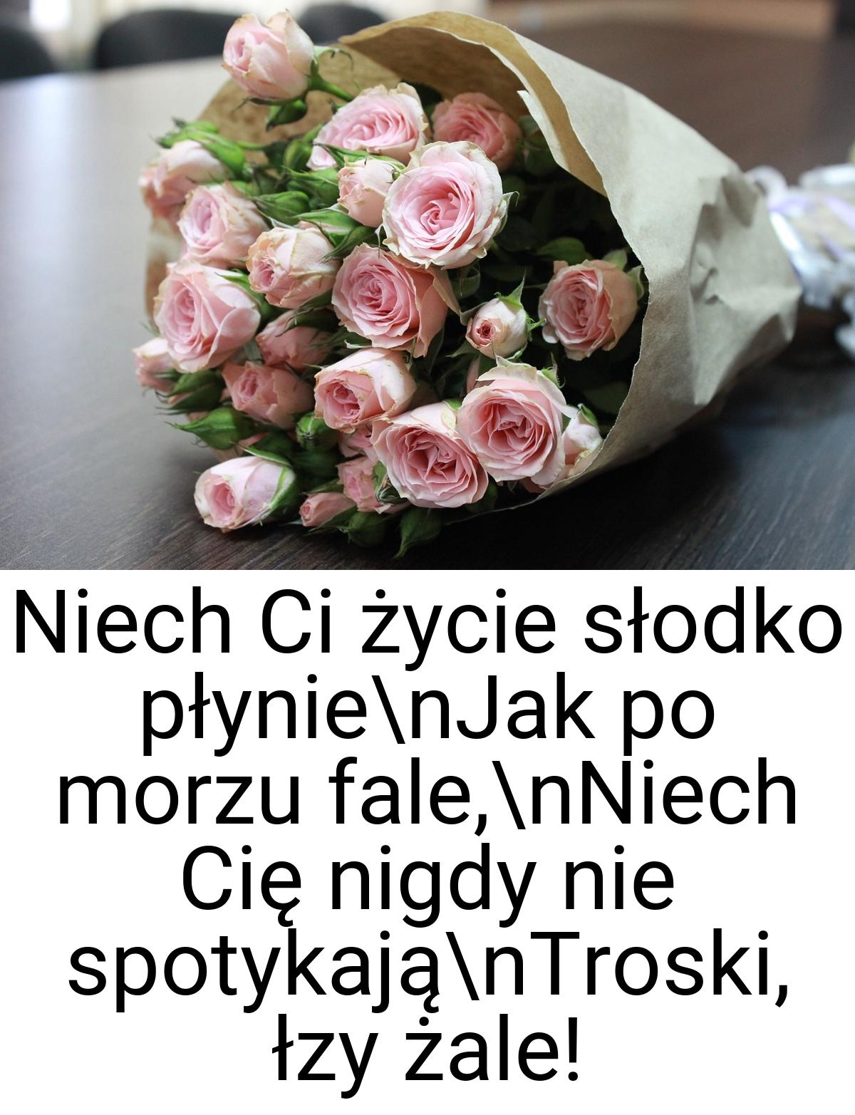 Niech Ci życie słodko płynie\nJak po morzu fale,\nNiech Cię