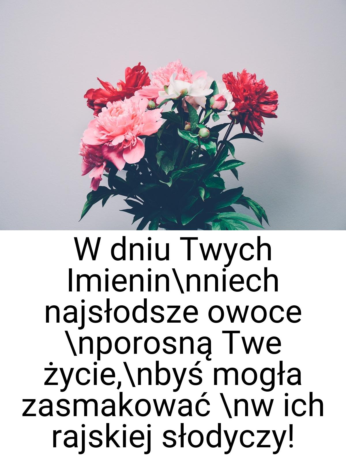 W dniu Twych Imienin\nniech najsłodsze owoce \nporosną Twe