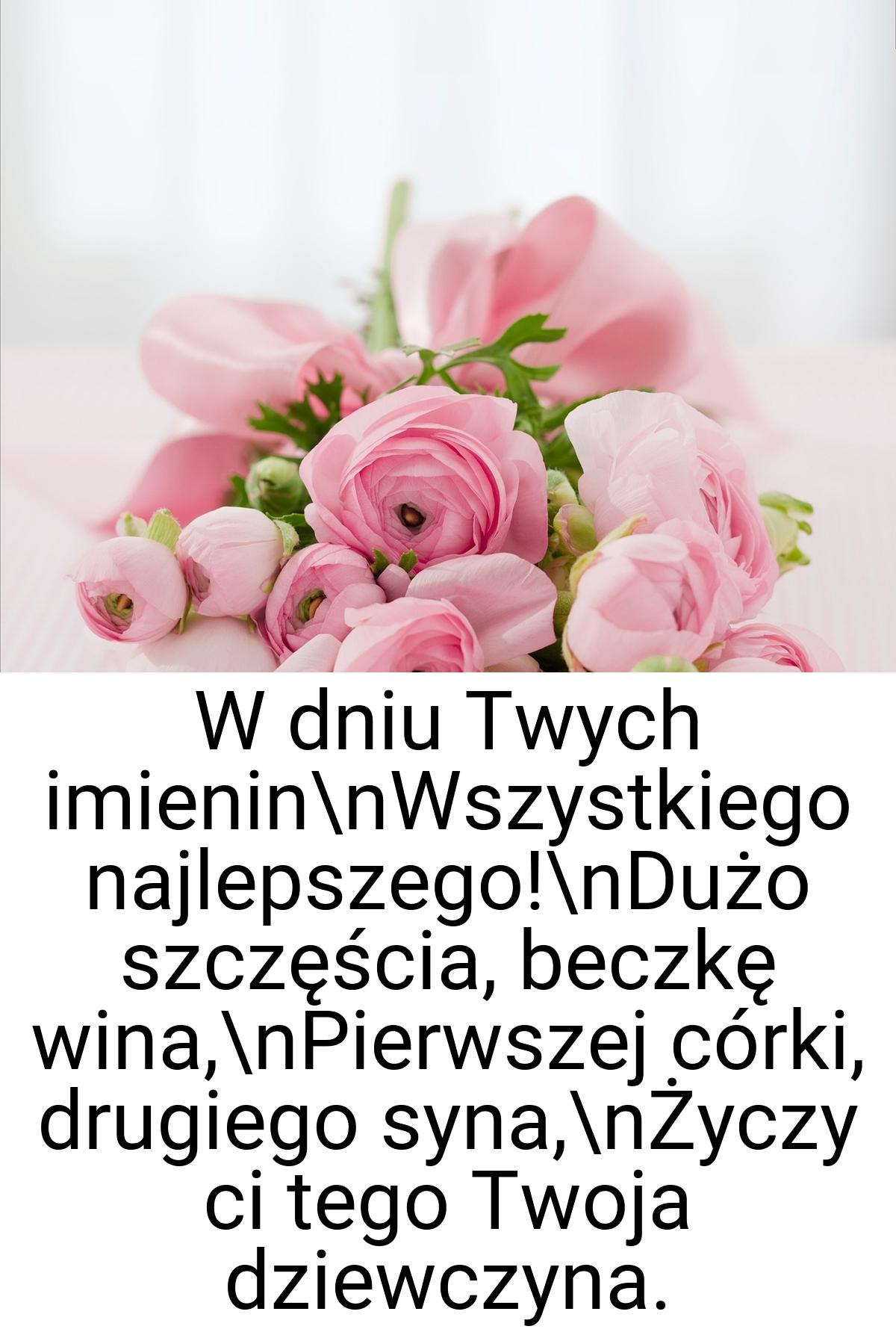 W dniu Twych imienin\nWszystkiego najlepszego!\nDużo