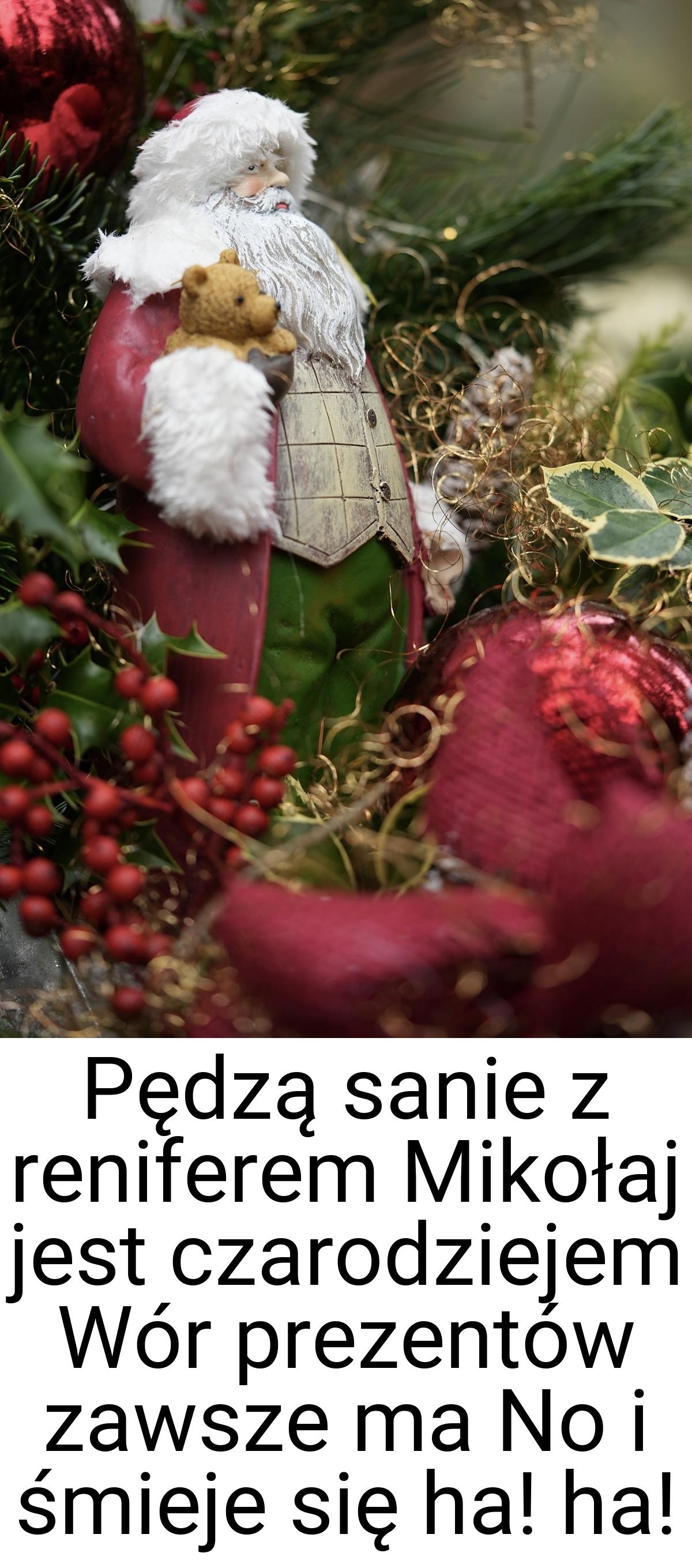 Pędzą sanie z reniferem Mikołaj jest czarodziejem Wór