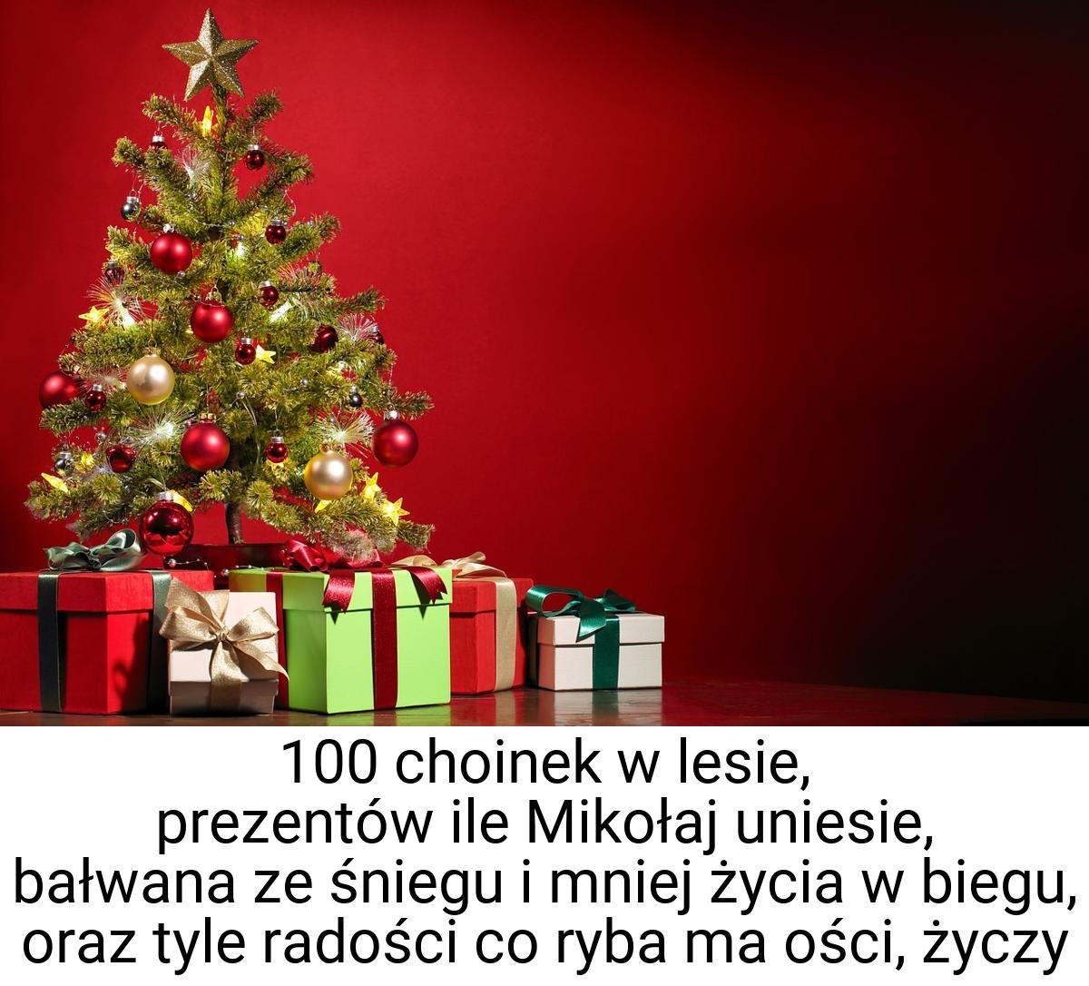 100 choinek w lesie, prezentów ile Mikołaj uniesie, bałwana