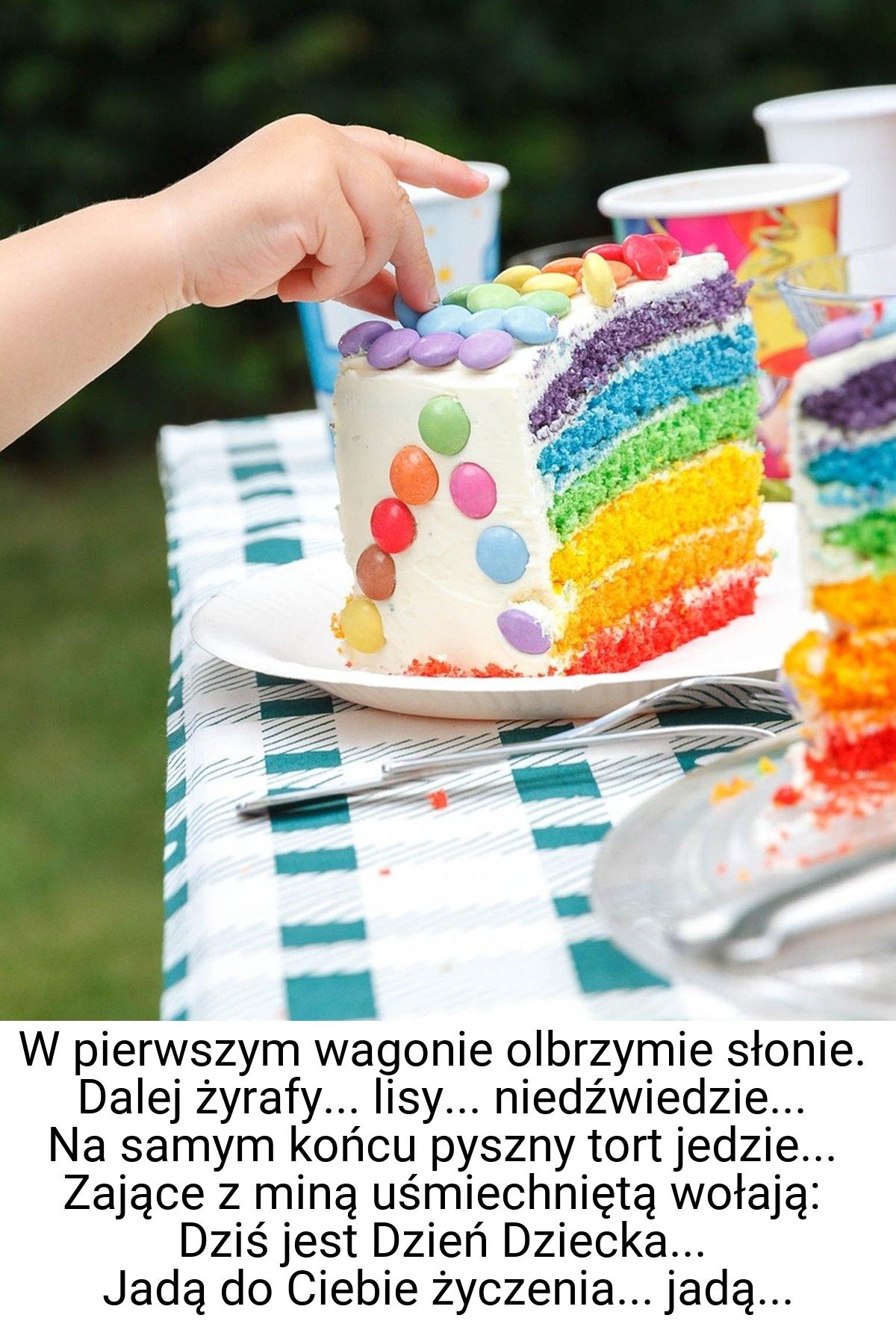 W pierwszym wagonie olbrzymie słonie. Dalej żyrafy