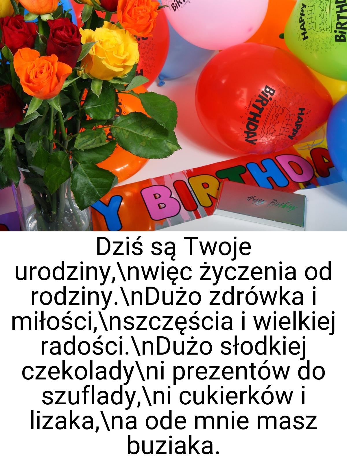 Dziś są Twoje urodziny,\nwięc życzenia od rodziny.\nDużo