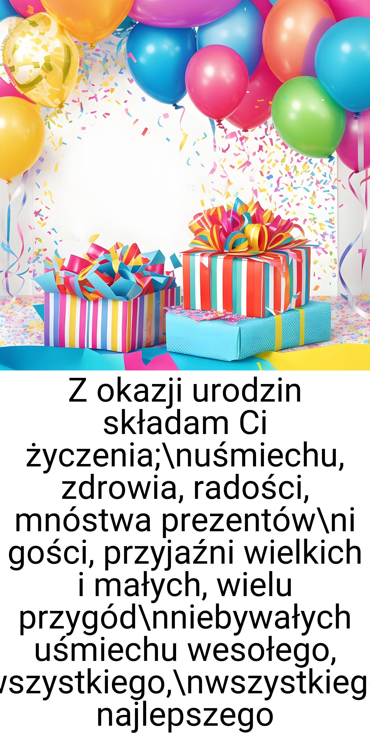 Z okazji urodzin składam Ci życzenia;\nuśmiechu, zdrowia