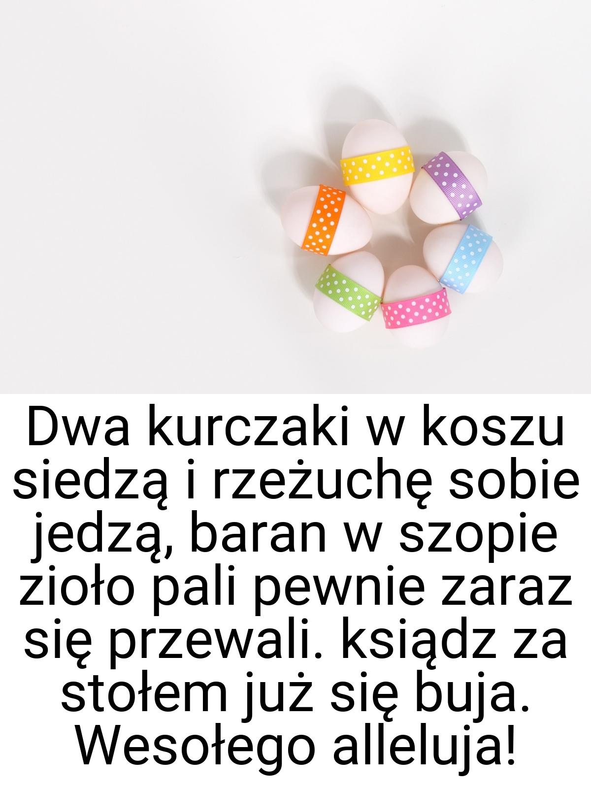 Dwa kurczaki w koszu siedzą i rzeżuchę sobie jedzą, baran w