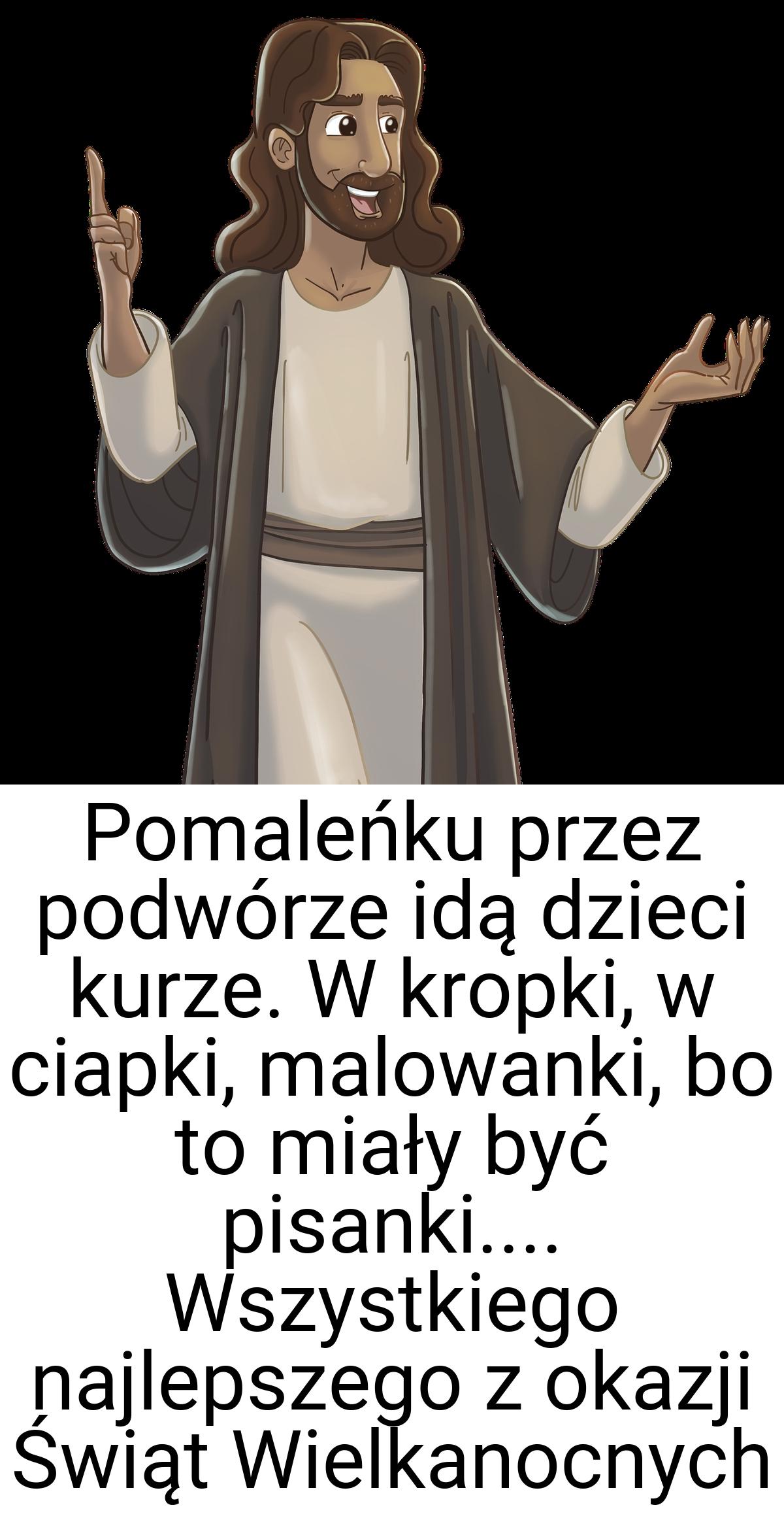 Pomaleńku przez podwórze idą dzieci kurze. W kropki, w